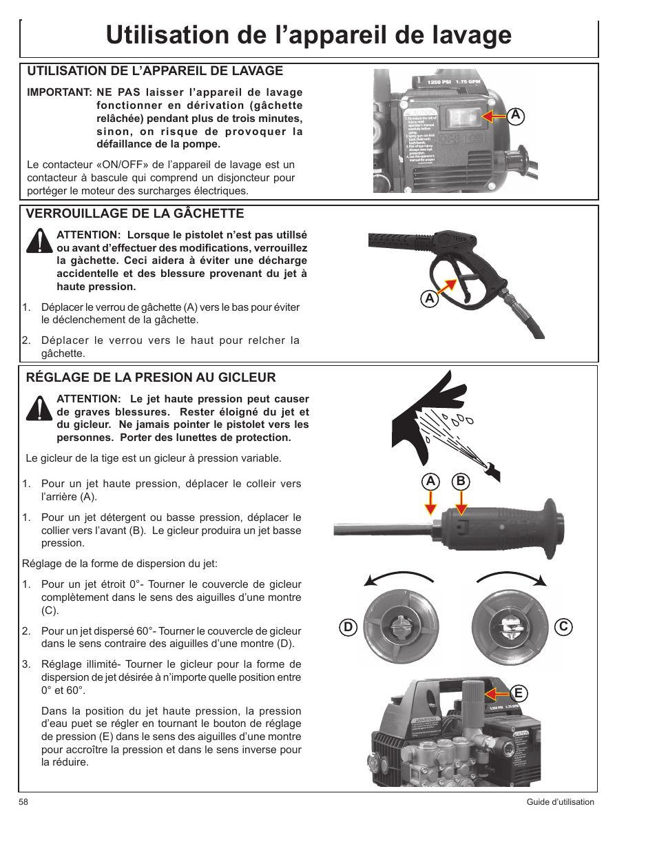 Utilisation de l’appareil de lavage | John Deere HR1250E1 User Manual | Page 58 / 116