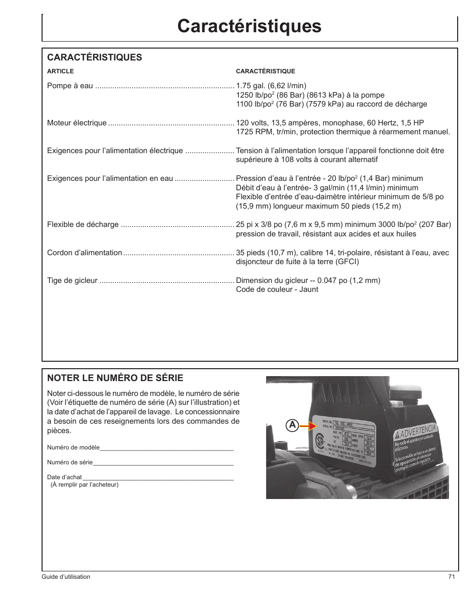 Caractéristiques | John Deere HR1250E1 User Manual | Page 71 / 116