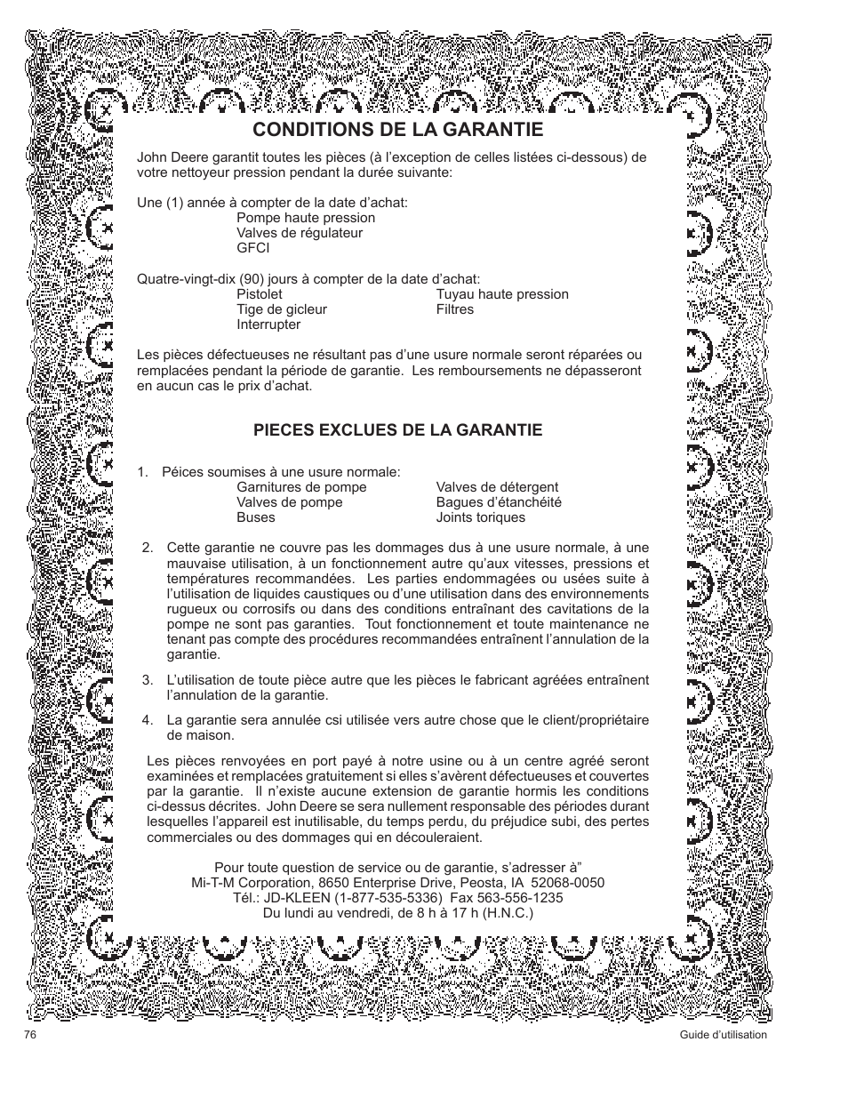 Conditions de la garantie | John Deere HR1250E1 User Manual | Page 76 / 116