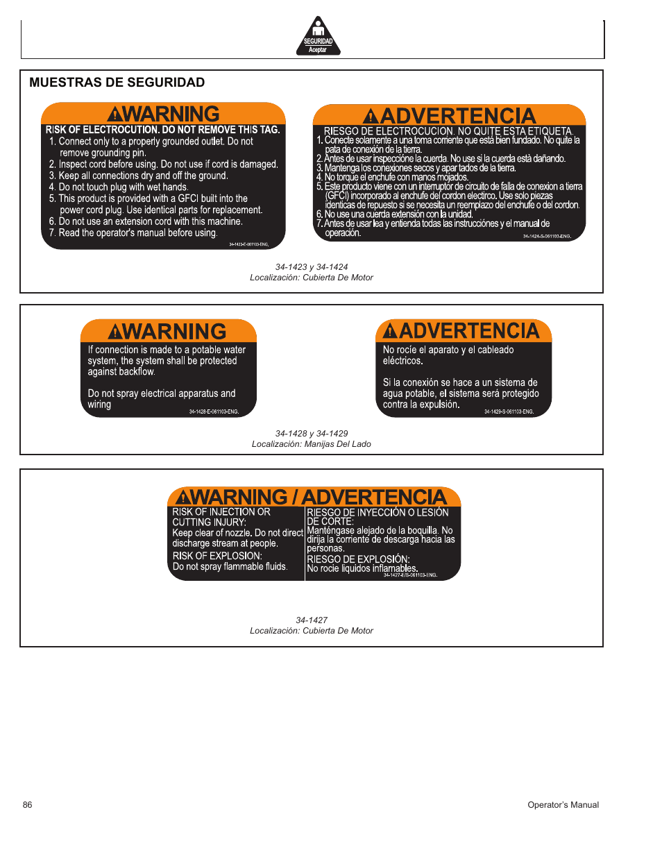 Muestras de seguridad | John Deere HR1250E1 User Manual | Page 86 / 116