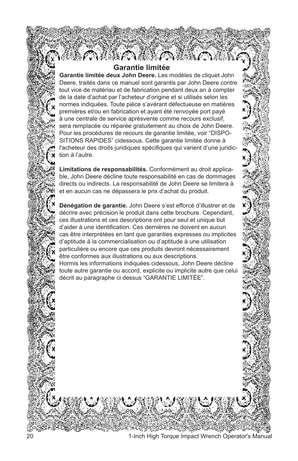 Garantie limitée | John Deere AT-3107-J User Manual | Page 20 / 32