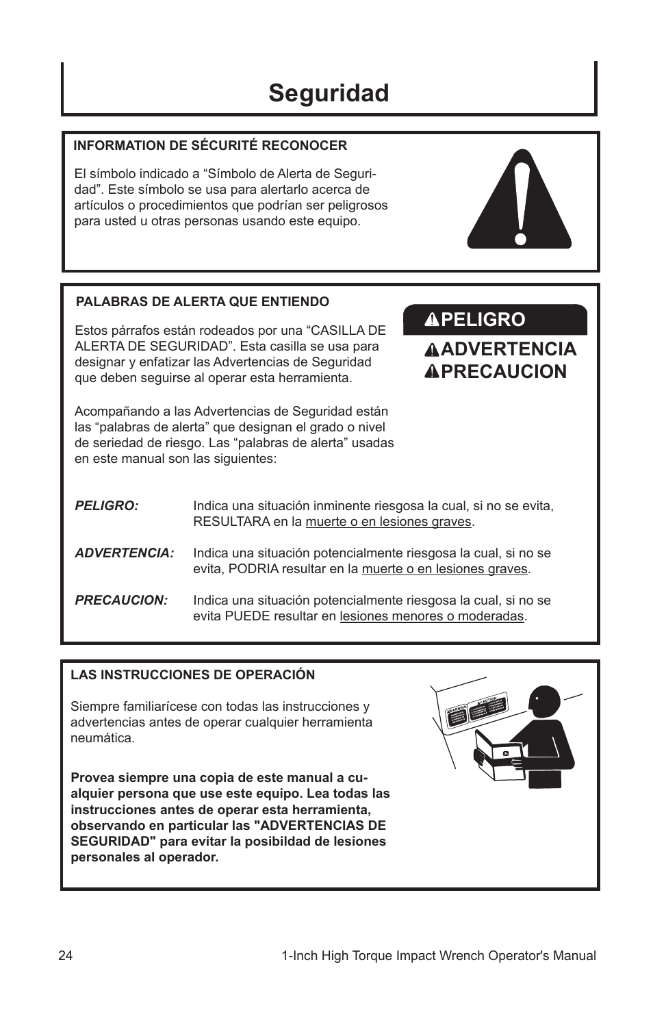 Seguridad, Peligro advertencia precaucion | John Deere AT-3107-J User Manual | Page 24 / 32