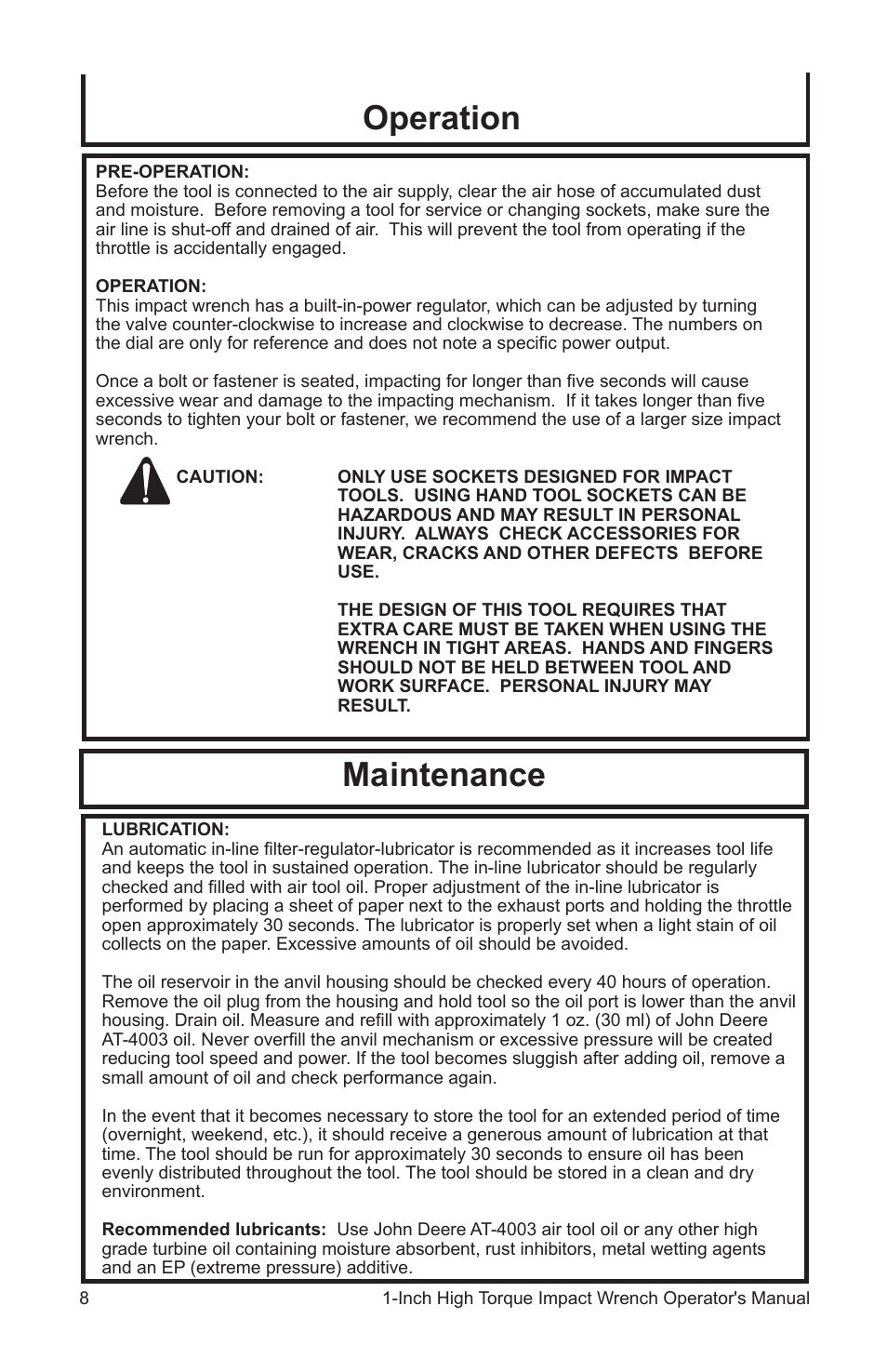 Maintenance, Operation | John Deere AT-3107-J User Manual | Page 8 / 32
