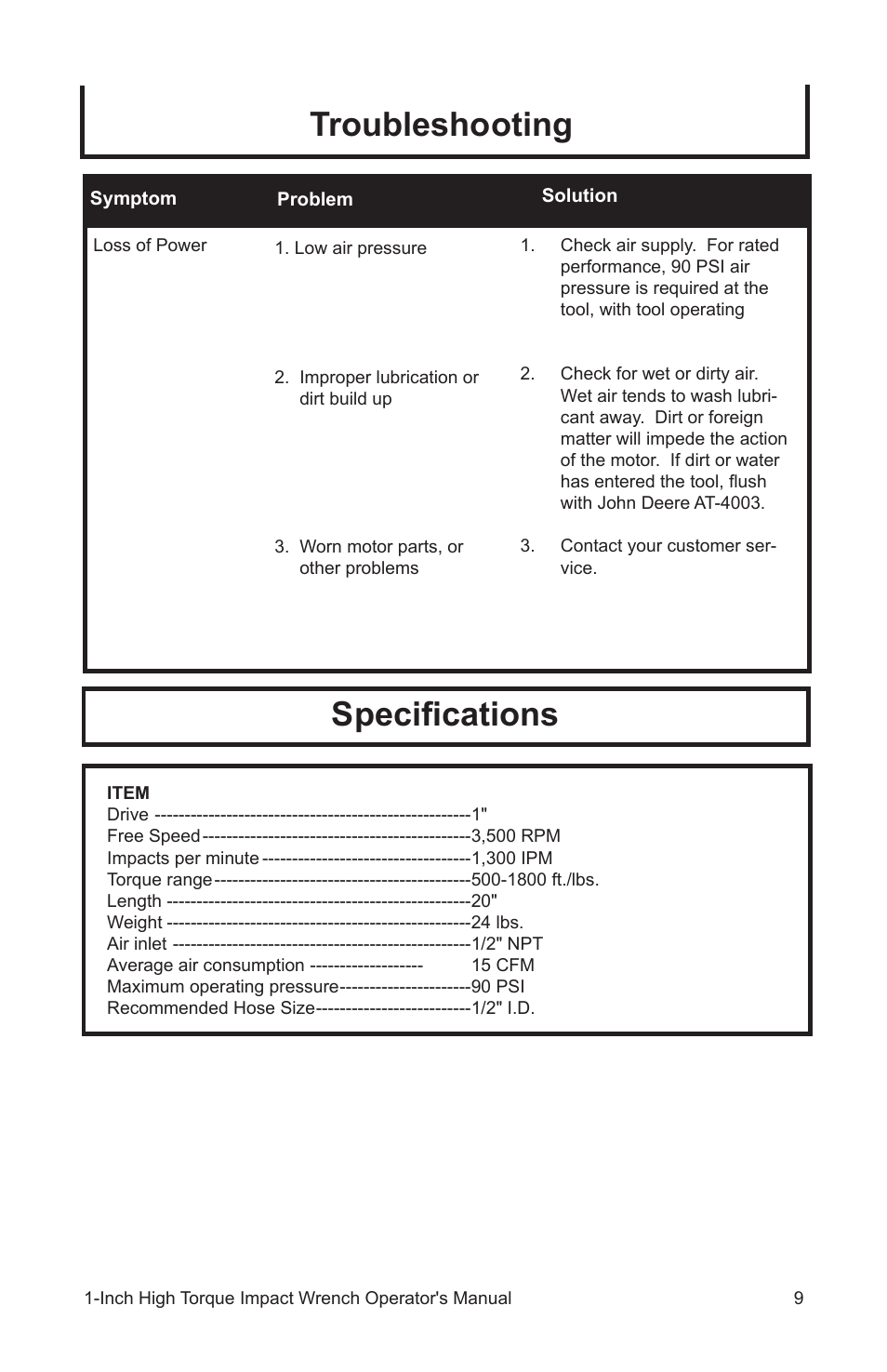 Troubleshooting speciﬁcations | John Deere AT-3107-J User Manual | Page 9 / 32