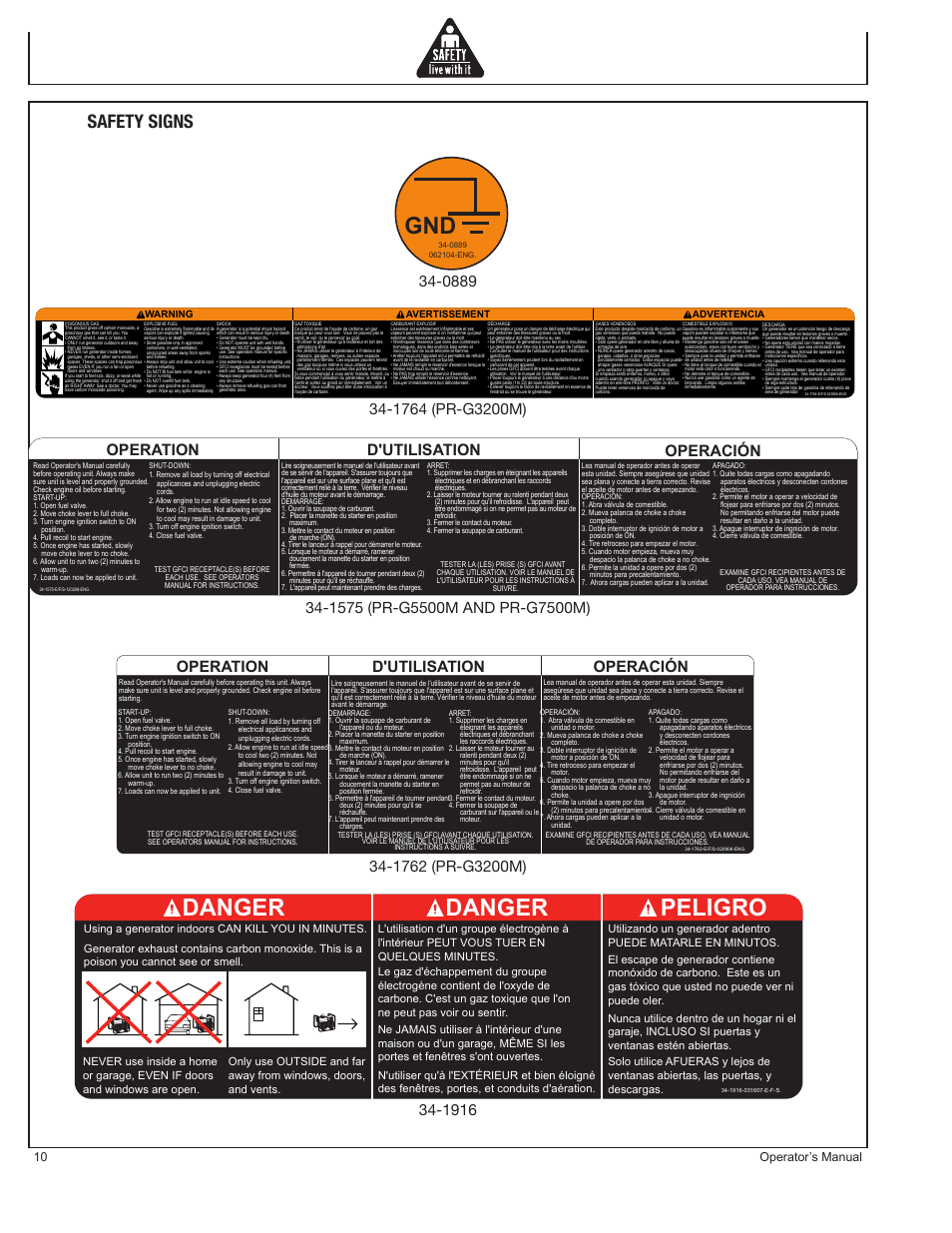 Danger, Danger peligro, Safety signs | Operation, D'utilisation operación, 10 operator’s manual | John Deere PR-G7500M User Manual | Page 10 / 92