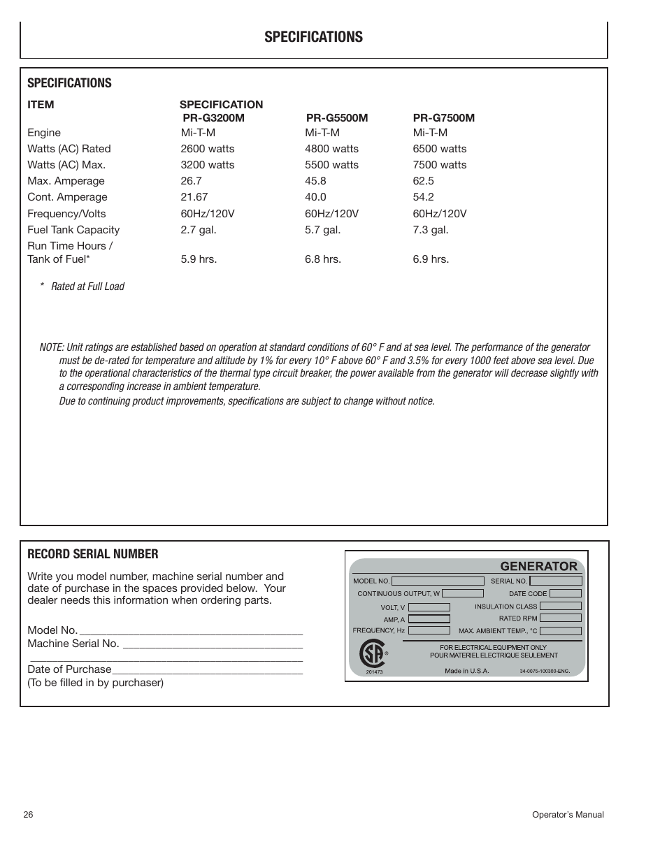 Specifications | John Deere PR-G7500M User Manual | Page 26 / 92