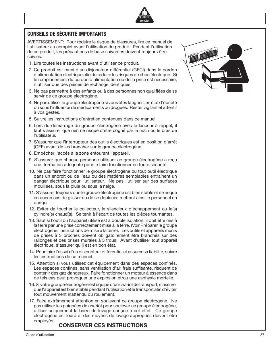 Conseils de sécurité importants, Conserver ces instructions | John Deere PR-G7500M User Manual | Page 37 / 92