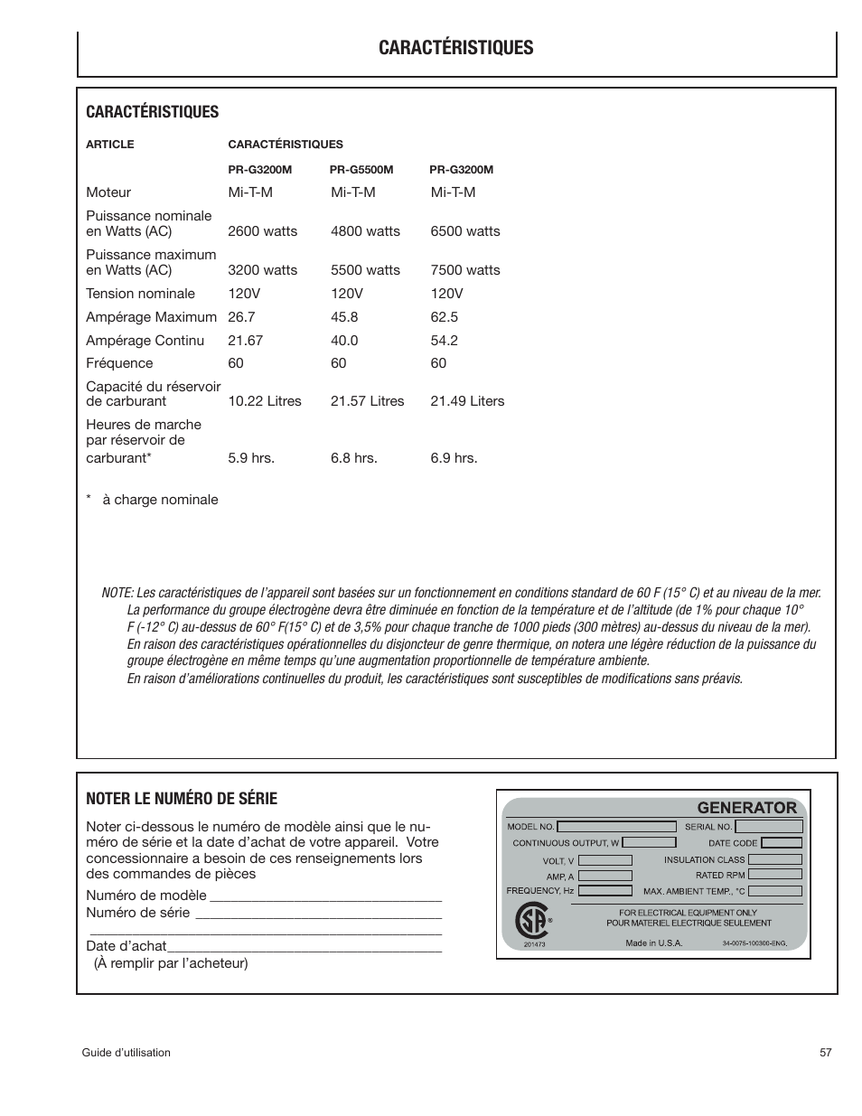Caractéristiques | John Deere PR-G7500M User Manual | Page 57 / 92