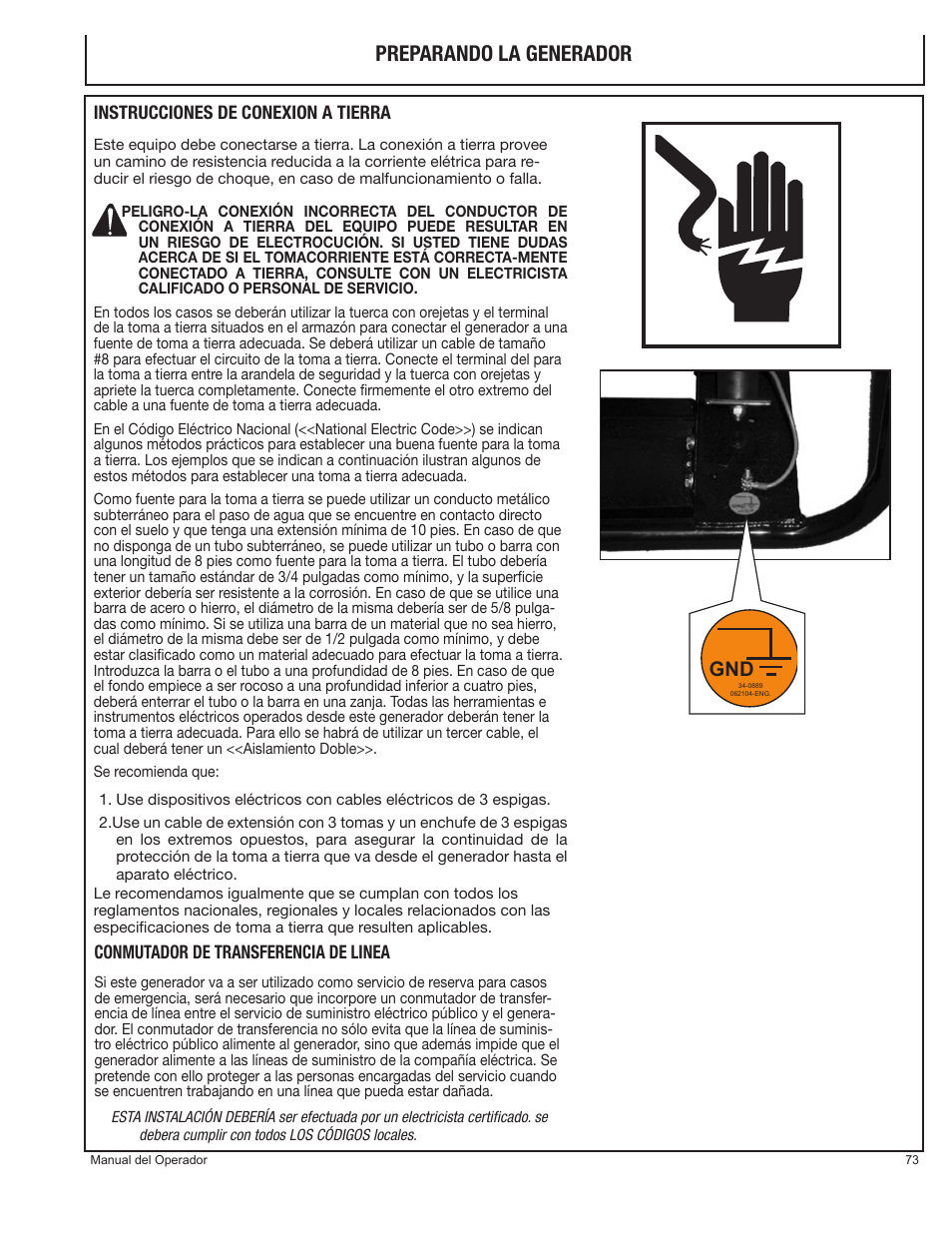 Preparando la generador | John Deere PR-G7500M User Manual | Page 73 / 92
