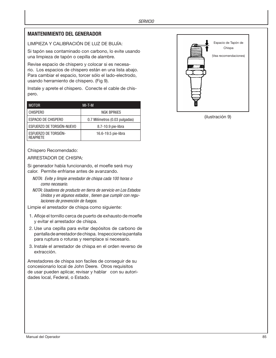 Mantenimiento del generador | John Deere PR-G7500M User Manual | Page 85 / 92
