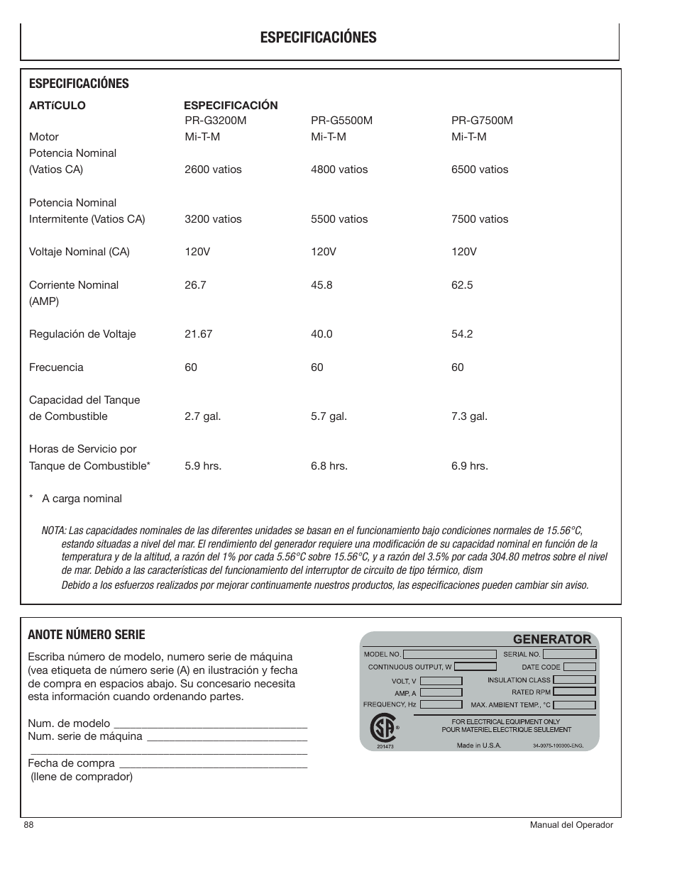 Especificaciónes | John Deere PR-G7500M User Manual | Page 88 / 92