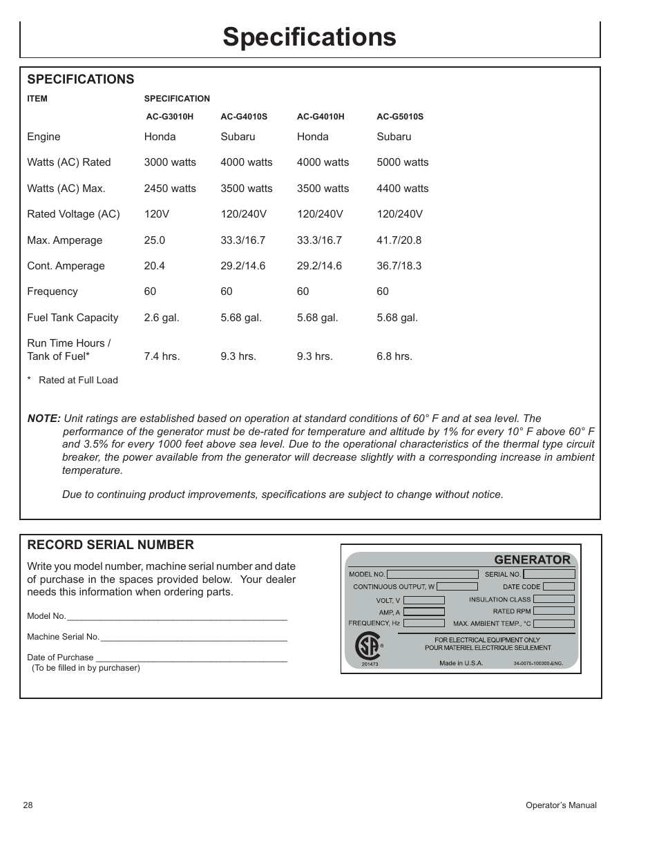Specifications | John Deere AC-G4010S User Manual | Page 28 / 98