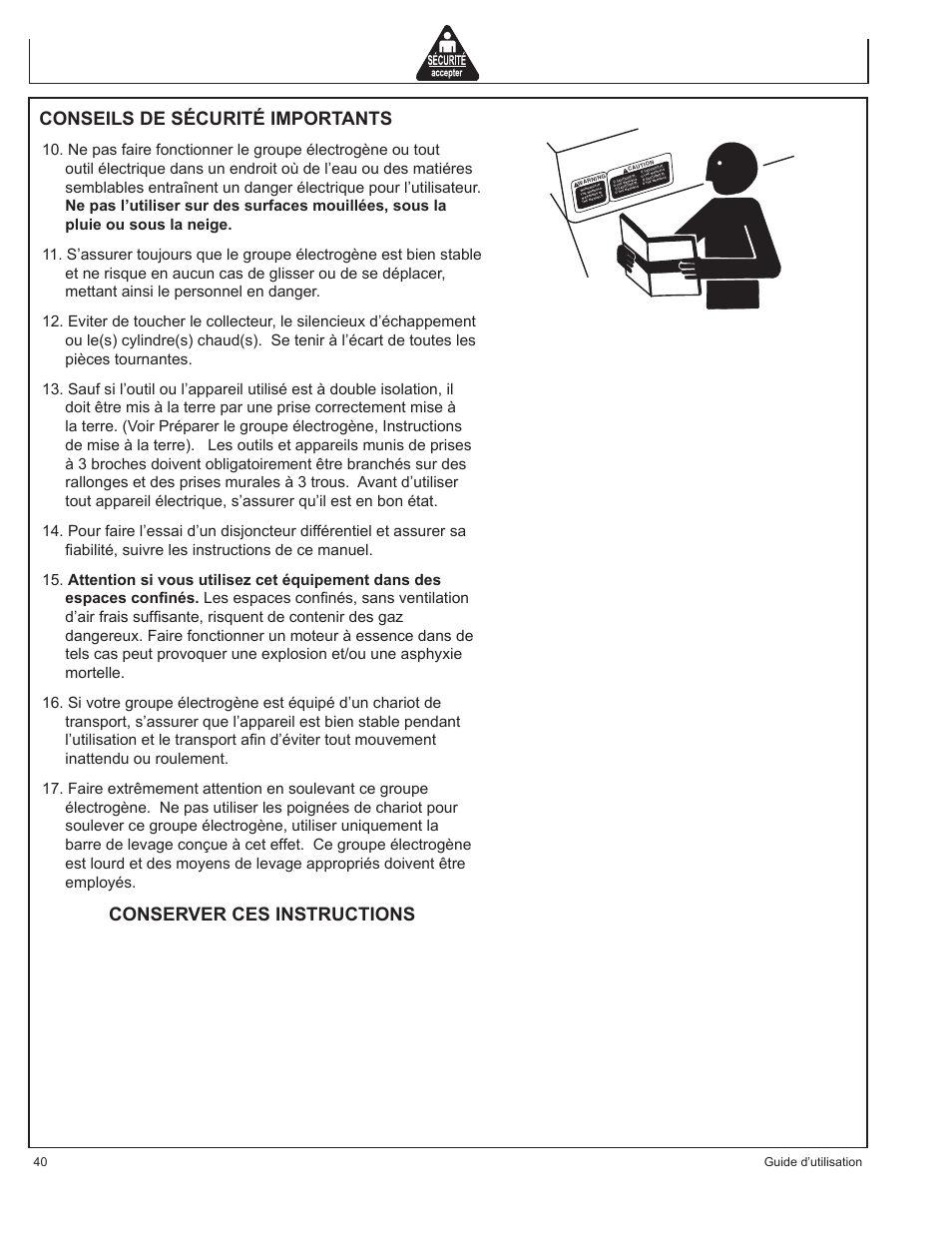 Conseils de sécurité importants, Conserver ces instructions, 40 guide d’utilisation | John Deere AC-G4010S User Manual | Page 40 / 98