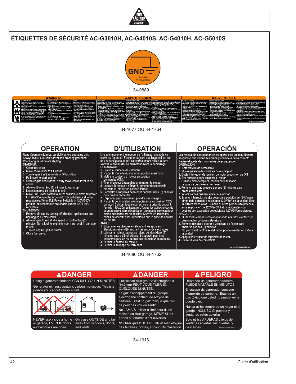 Danger, Danger peligro | John Deere AC-G4010S User Manual | Page 42 / 98