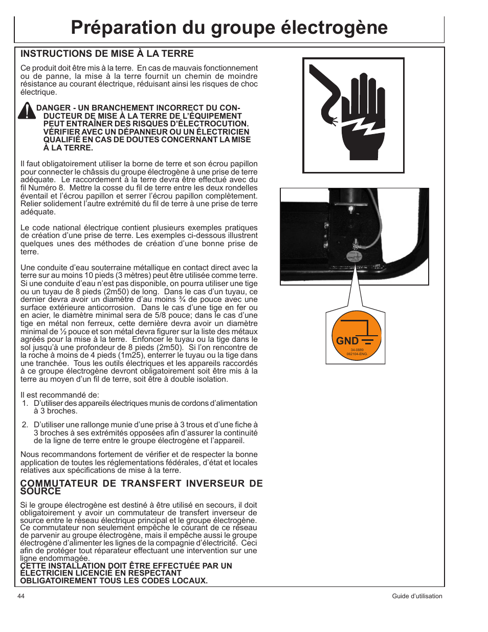 Préparation du groupe électrogène | John Deere AC-G4010S User Manual | Page 44 / 98