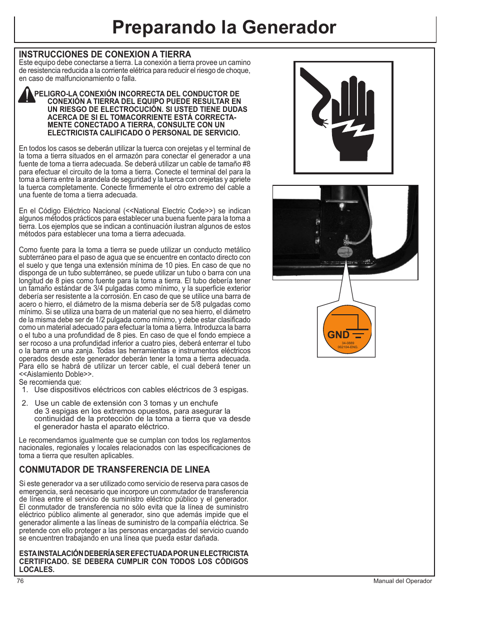 Preparando la generador | John Deere AC-G4010S User Manual | Page 76 / 98