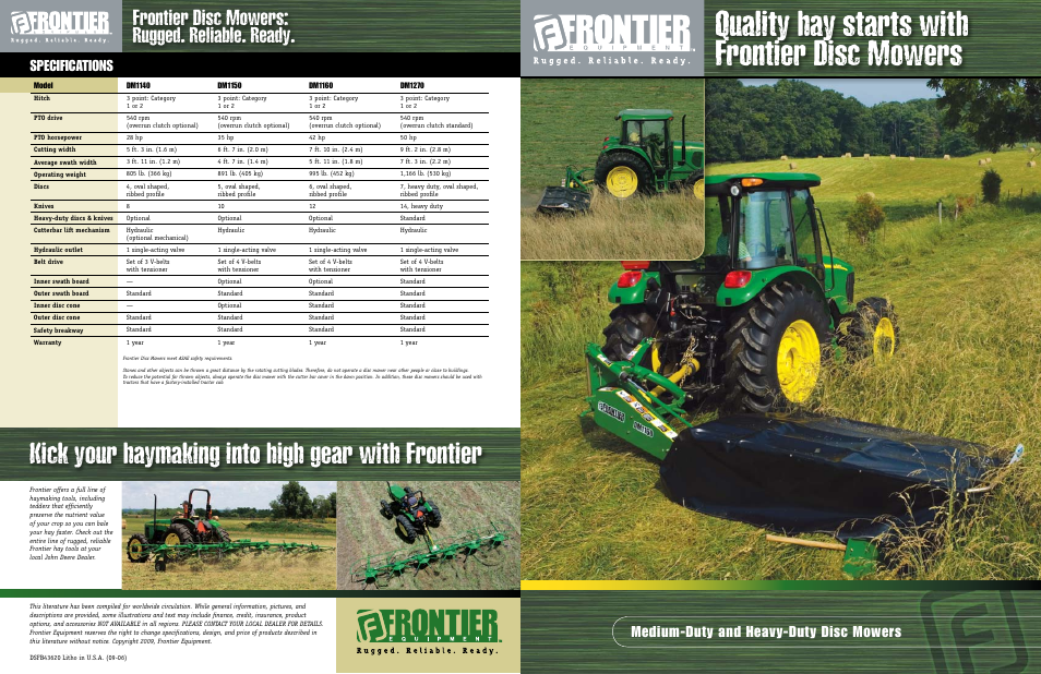 Quality hay starts with frontier disc mowers, Kick your haymaking into high gear with frontier, Frontier disc mowers: rugged. reliable. ready | Medium-duty and heavy-duty disc mowers, Specifications | John Deere DM1270 User Manual | Page 4 / 4