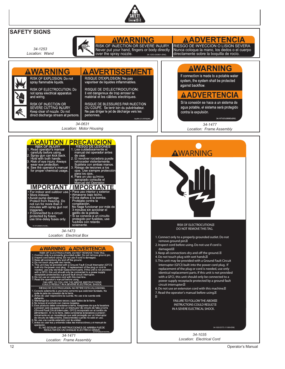 Warning, Warning advertencia, Safety signs | John Deere AC-2500E User Manual | Page 12 / 64