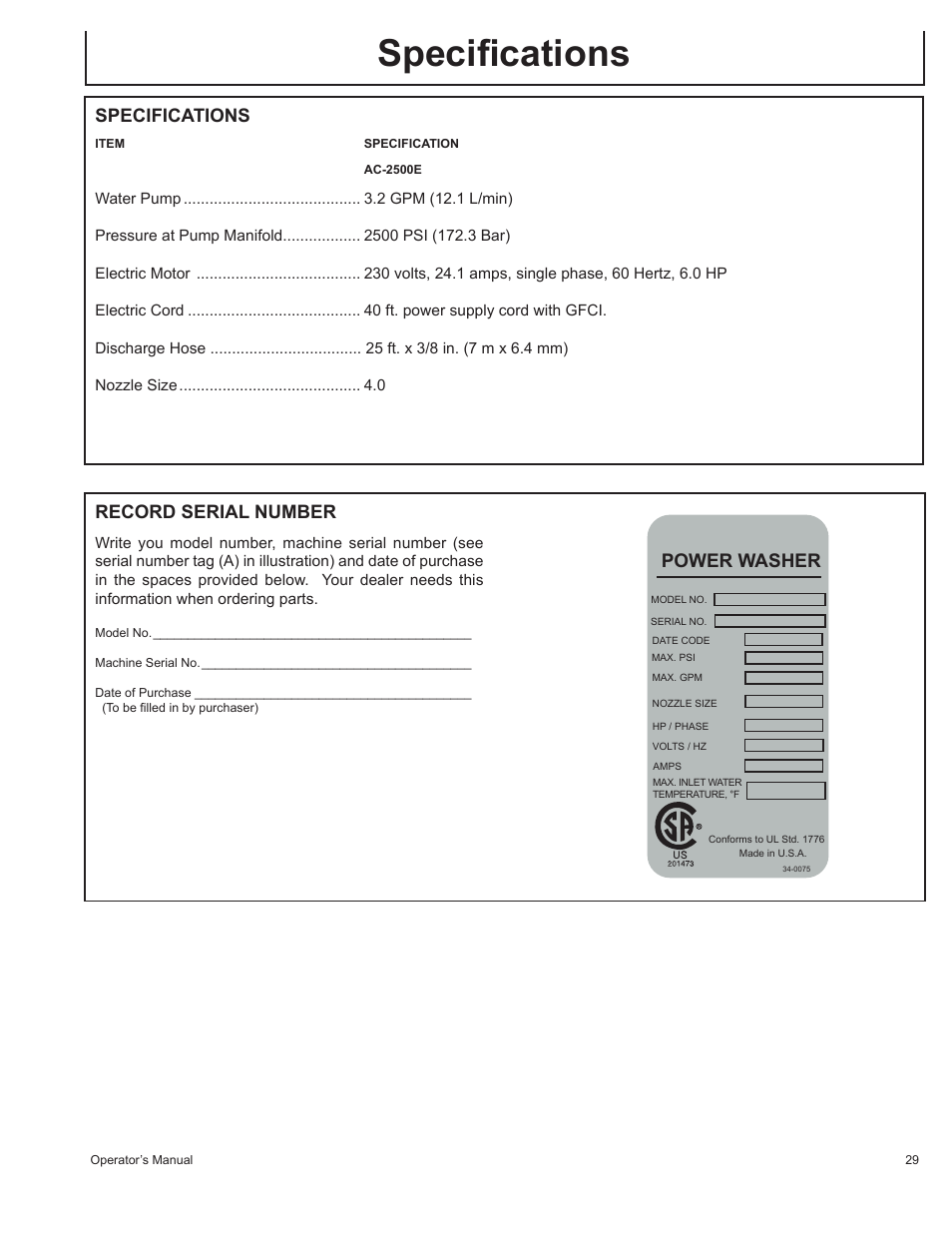 Specifications, Record serial number, Power washer | John Deere AC-2500E User Manual | Page 29 / 64