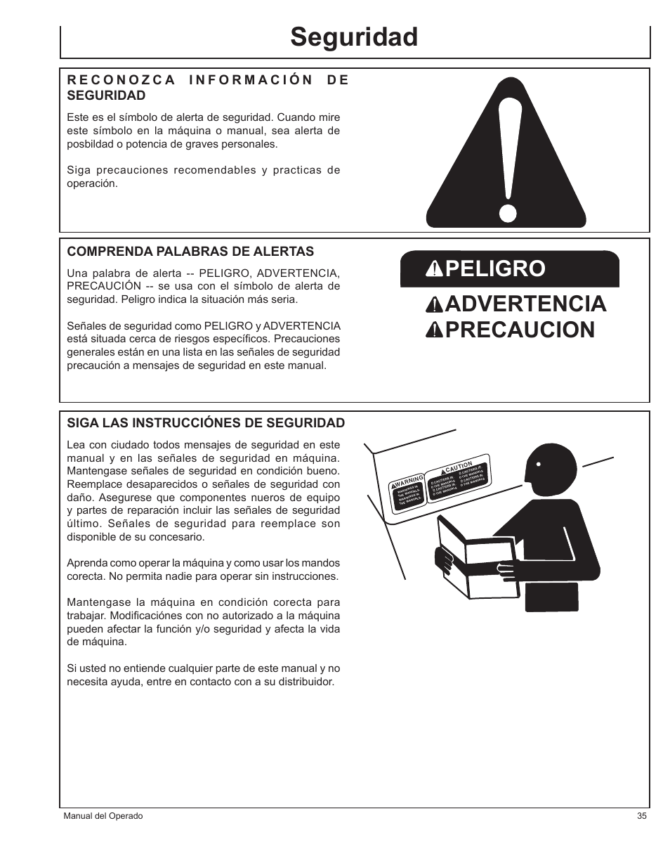 Seguridad, Peligro advertencia precaucion, Comprenda palabras de alertas | Siga las instrucciónes de seguridad | John Deere AC-2500E User Manual | Page 35 / 64