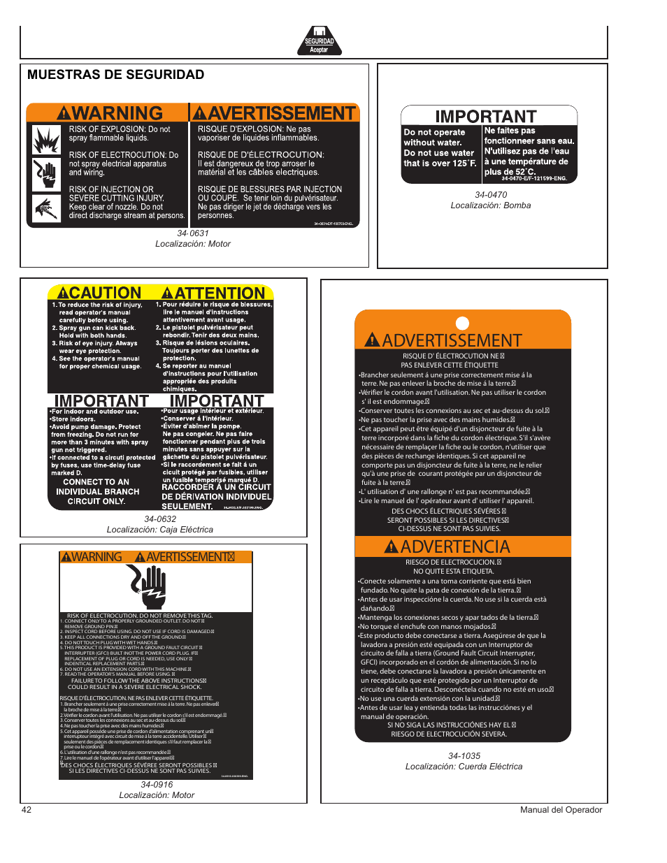 Advertissement, Advertencia, Warning | Avertissement, Muestras de seguridad | John Deere AC-2500E User Manual | Page 42 / 64