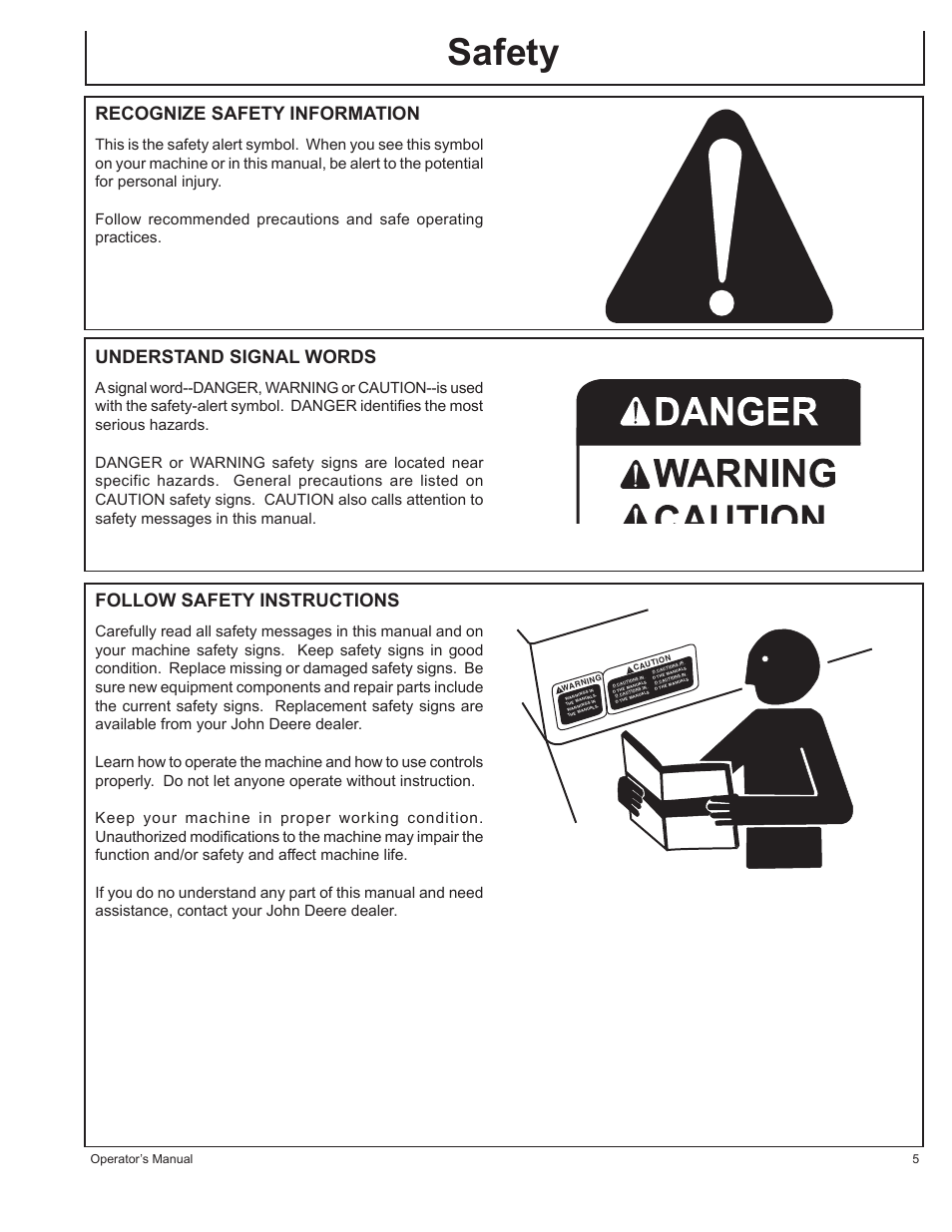 Safety, Recognize safety information, Understand signal words | Follow safety instructions, Operator’s manual 5 | John Deere AC-2500E User Manual | Page 5 / 64