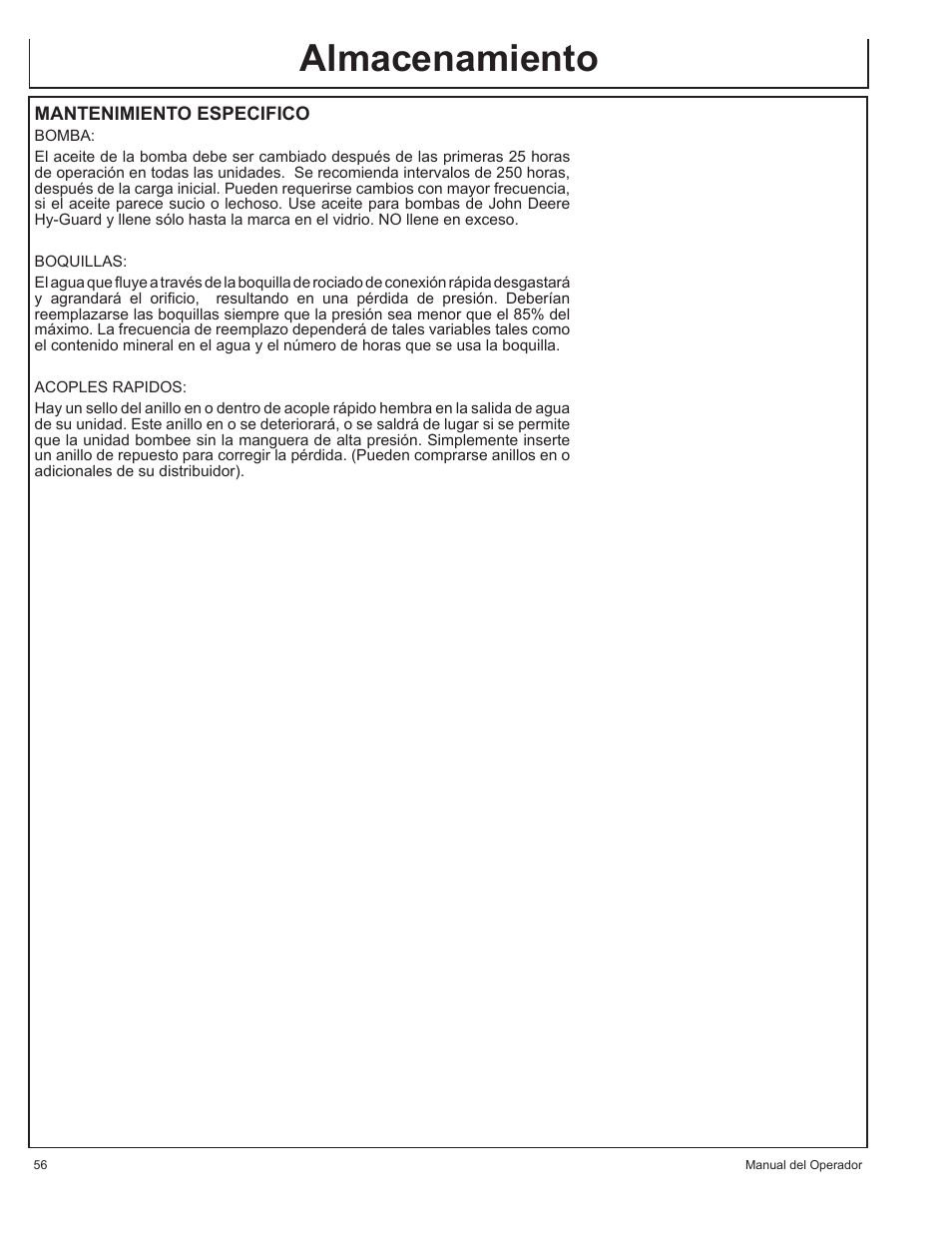 Almacenamiento | John Deere AC-2500E User Manual | Page 56 / 64
