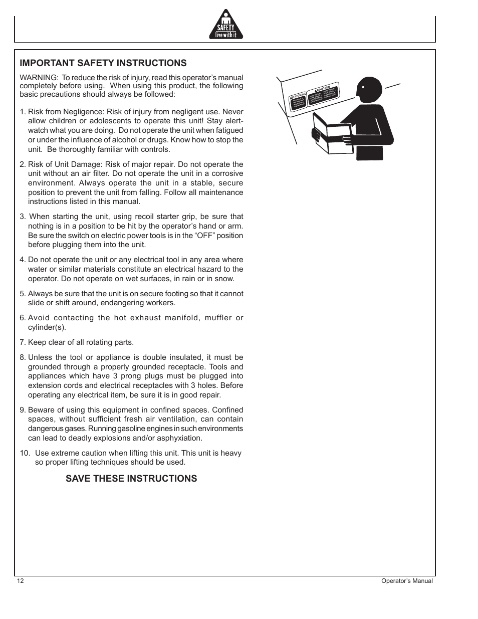 Important safety instructions, Save these instructions, Operator’s manual | John Deere AC1-CG16H User Manual | Page 12 / 92