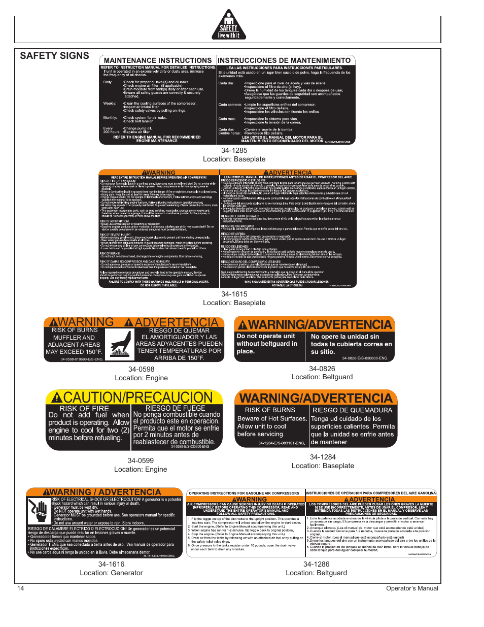 Caution/precaucion, Warning/advertencia, Warning advertencia | Safety signs | John Deere AC1-CG16H User Manual | Page 14 / 92