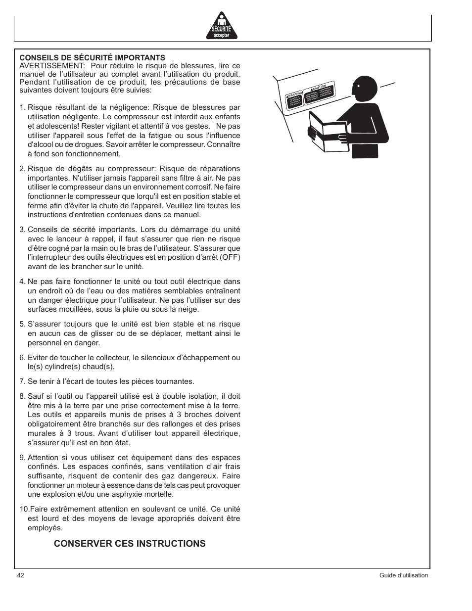 Conserver ces instructions, 42 guide d’utilisation | John Deere AC1-CG16H User Manual | Page 42 / 92