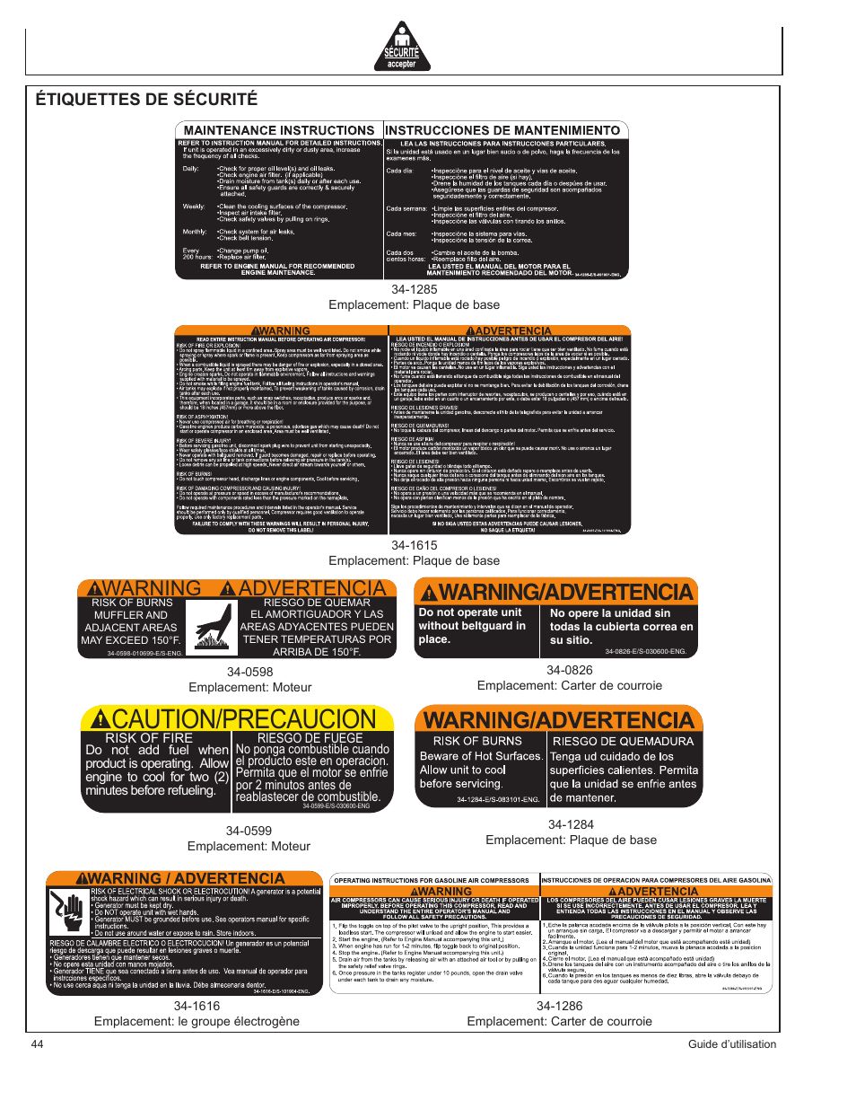 Caution/precaucion, Warning/advertencia, Warning advertencia | Étiquettes de sécurité | John Deere AC1-CG16H User Manual | Page 44 / 92