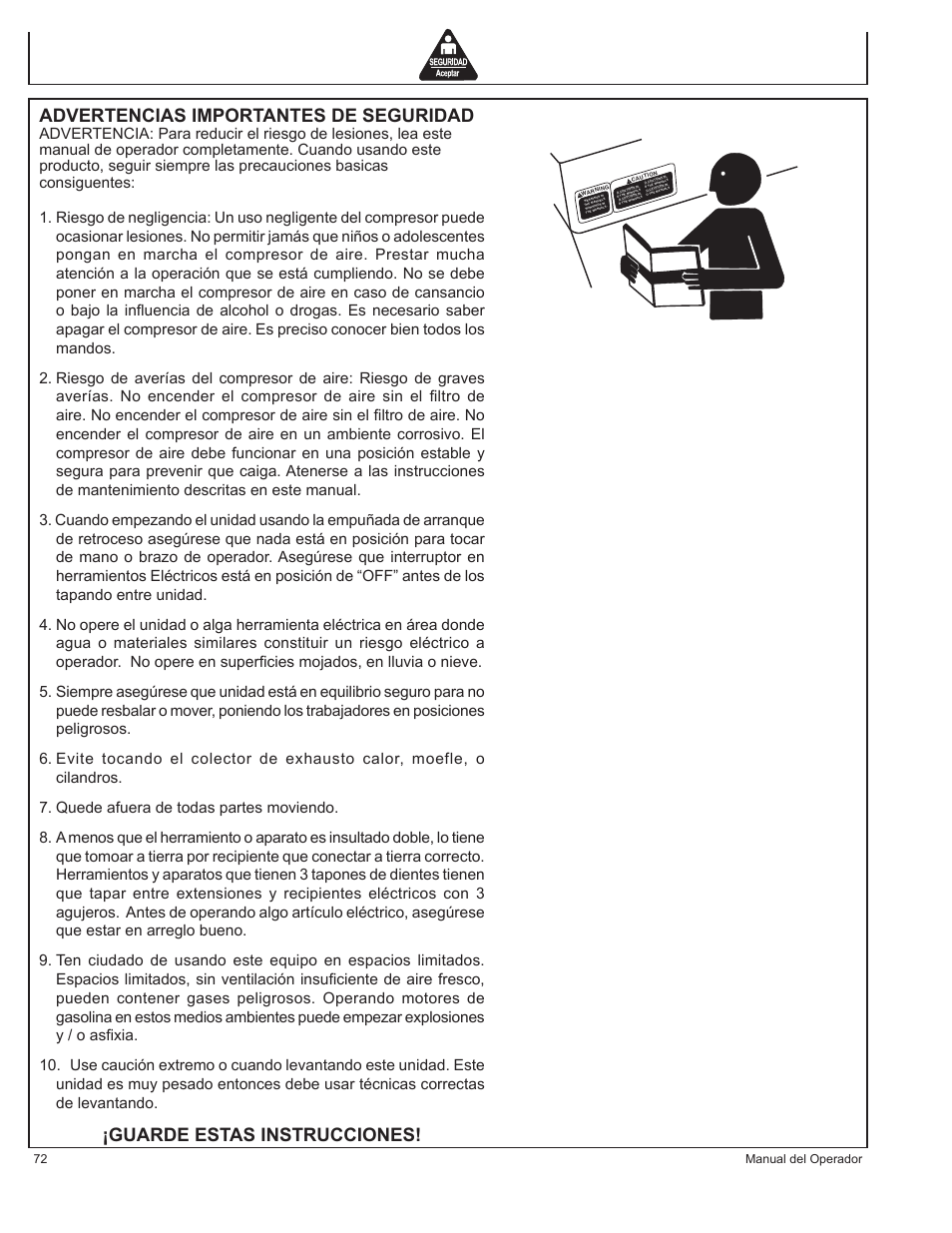 Advertencias importantes de seguridad, Guarde estas instrucciones | John Deere AC1-CG16H User Manual | Page 72 / 92