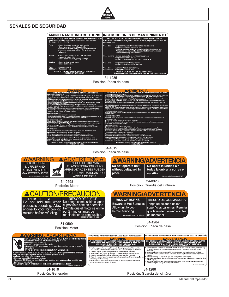 Caution/precaucion, Warning/advertencia, Warning advertencia | Señales de seguridad | John Deere AC1-CG16H User Manual | Page 74 / 92