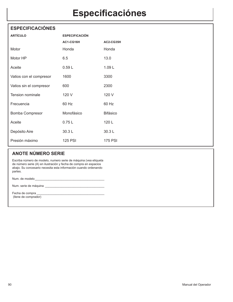 Especificaciónes | John Deere AC1-CG16H User Manual | Page 90 / 92