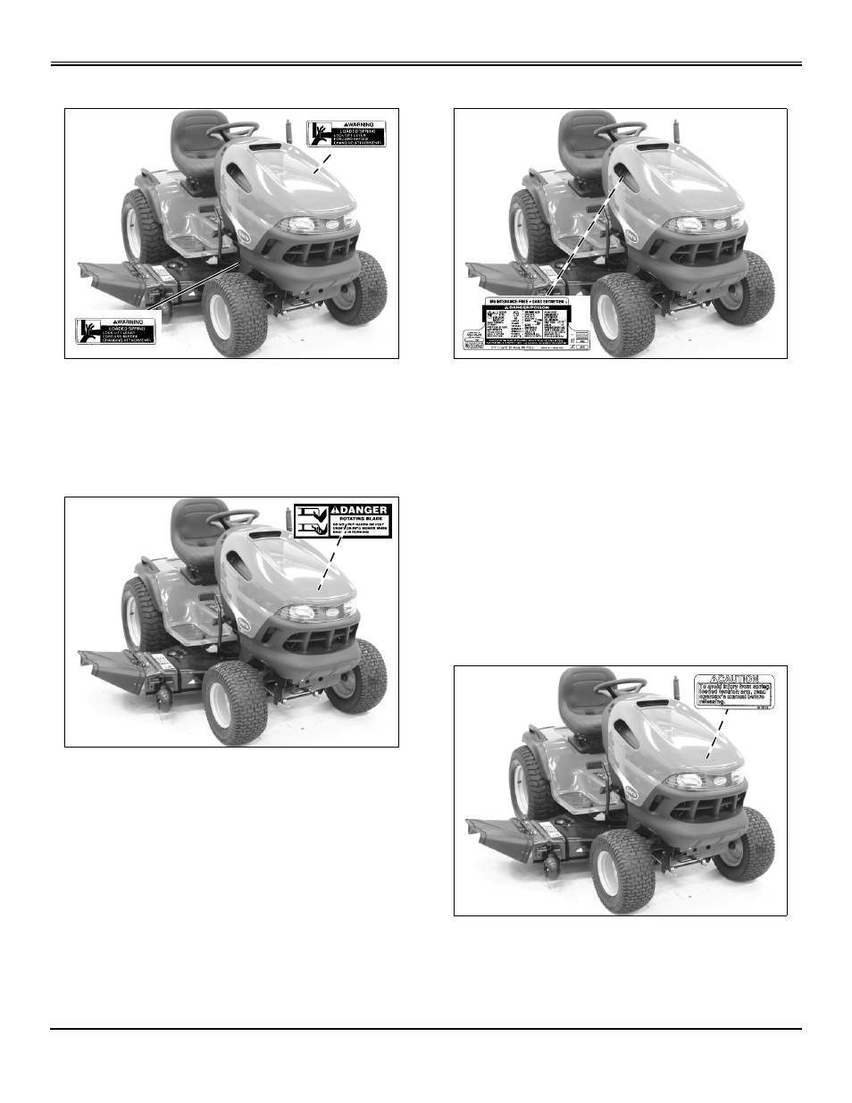 Warning: loaded spring, Danger, Danger/poison | Caution, Safety | John Deere GT2554 User Manual | Page 6 / 56