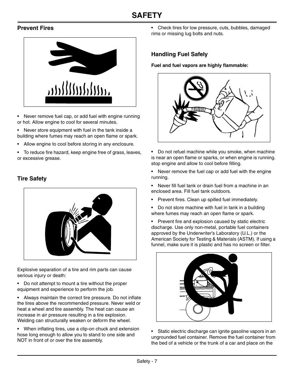 Prevent fires, Tire safety, Handling fuel safely | Fuel and fuel vapors are highly flammable, Safety | John Deere L2048 User Manual | Page 11 / 76