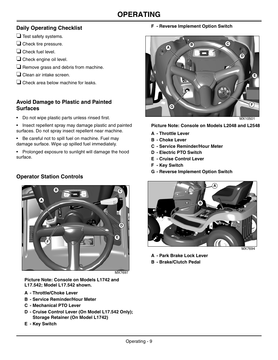Operating, Daily operating checklist, Avoid damage to plastic and painted surfaces | Operator station controls | John Deere L2048 User Manual | Page 13 / 76