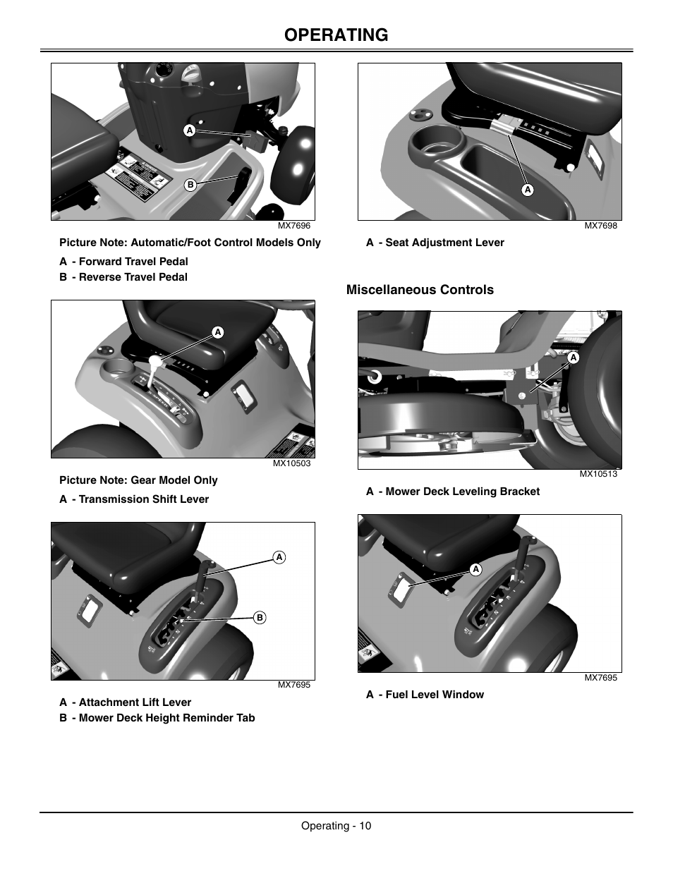 Miscellaneous controls, Operating | John Deere L2048 User Manual | Page 14 / 76