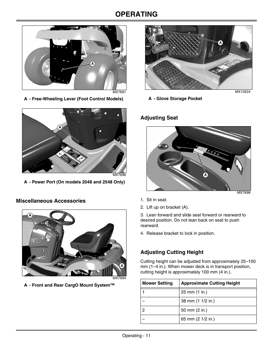 Miscellaneous accessories, Adjusting seat, Adjusting cutting height | Operating | John Deere L2048 User Manual | Page 15 / 76