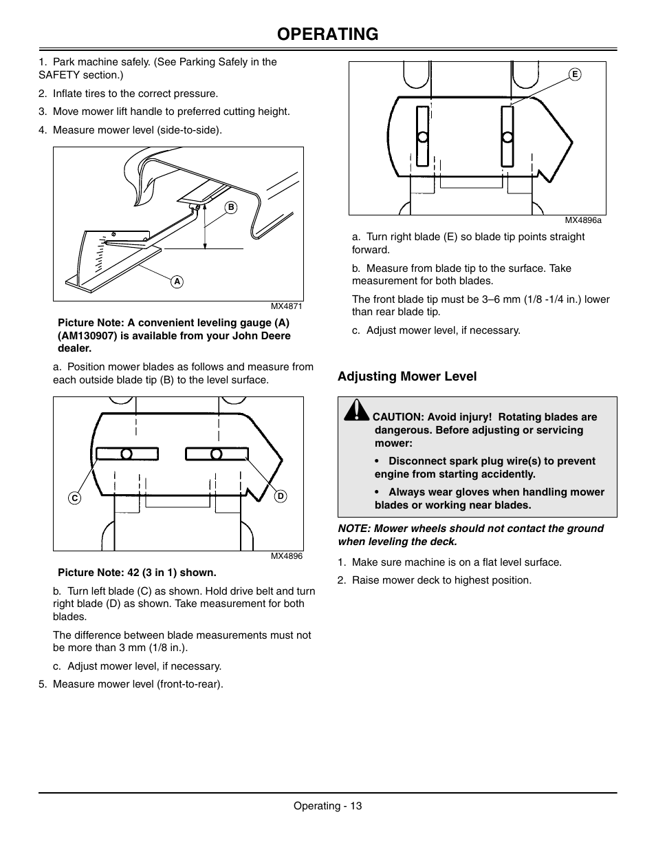 Adjusting mower level, Operating | John Deere L2048 User Manual | Page 17 / 76