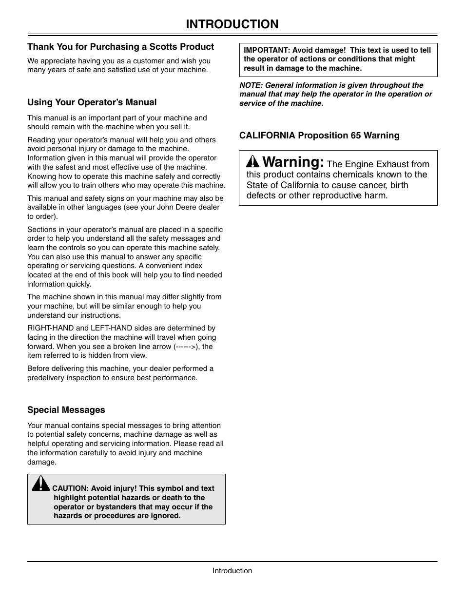 Introduction, Thank you for purchasing a scotts product, Using your operator’s manual | Special messages, California proposition 65 warning, Warning | John Deere L2048 User Manual | Page 2 / 76