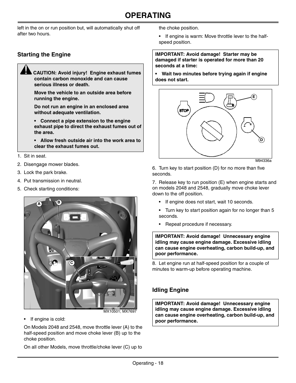 Starting the engine, Idling engine, Operating | John Deere L2048 User Manual | Page 22 / 76