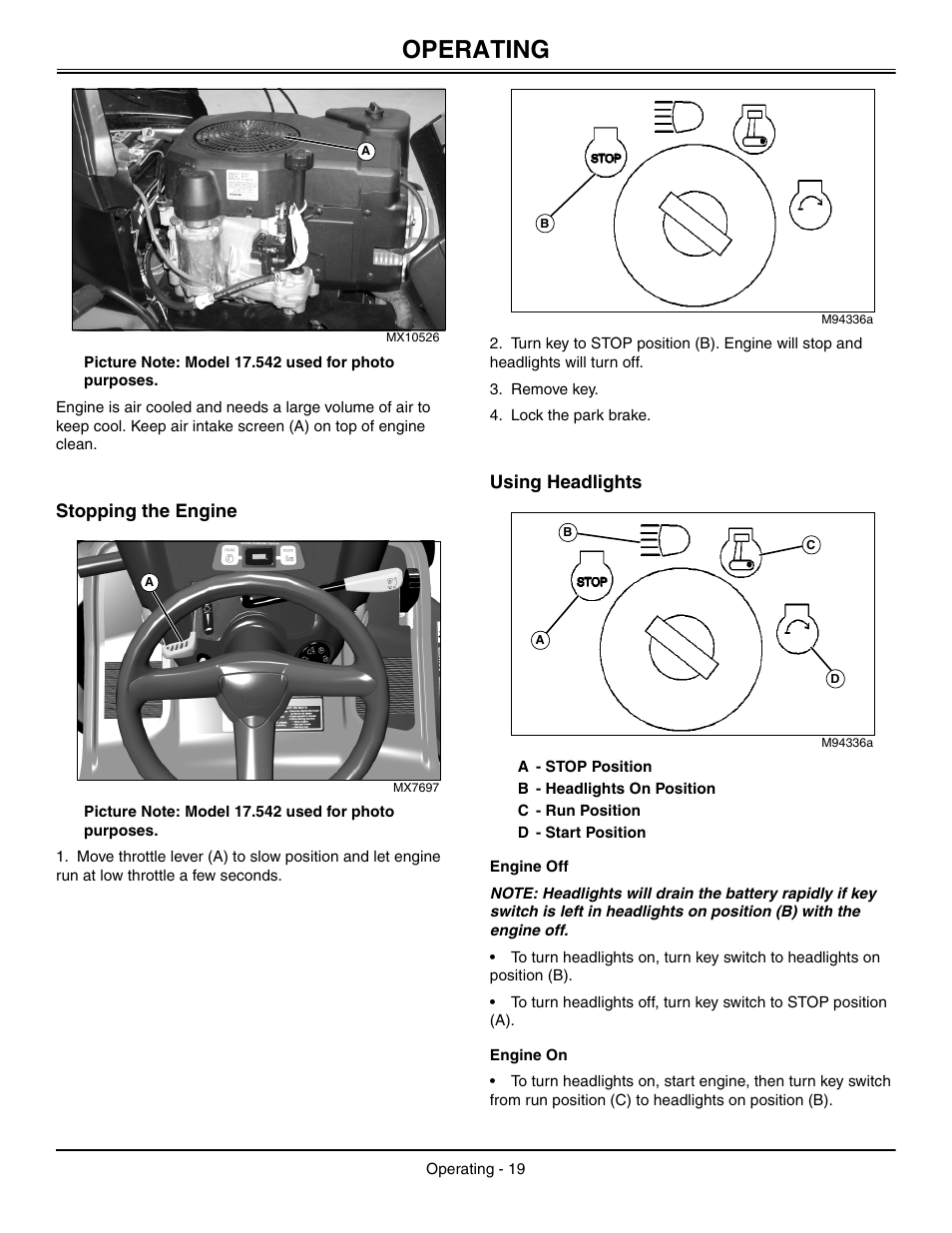 Stopping the engine, Using headlights, Engine off | Engine on, Operating | John Deere L2048 User Manual | Page 23 / 76