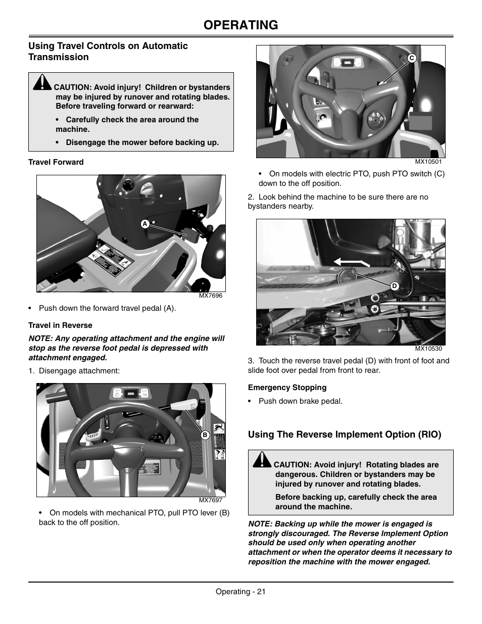 Using travel controls on automatic transmission, Travel forward, Travel in reverse | Emergency stopping, Using the reverse implement option (rio), Operating | John Deere L2048 User Manual | Page 25 / 76