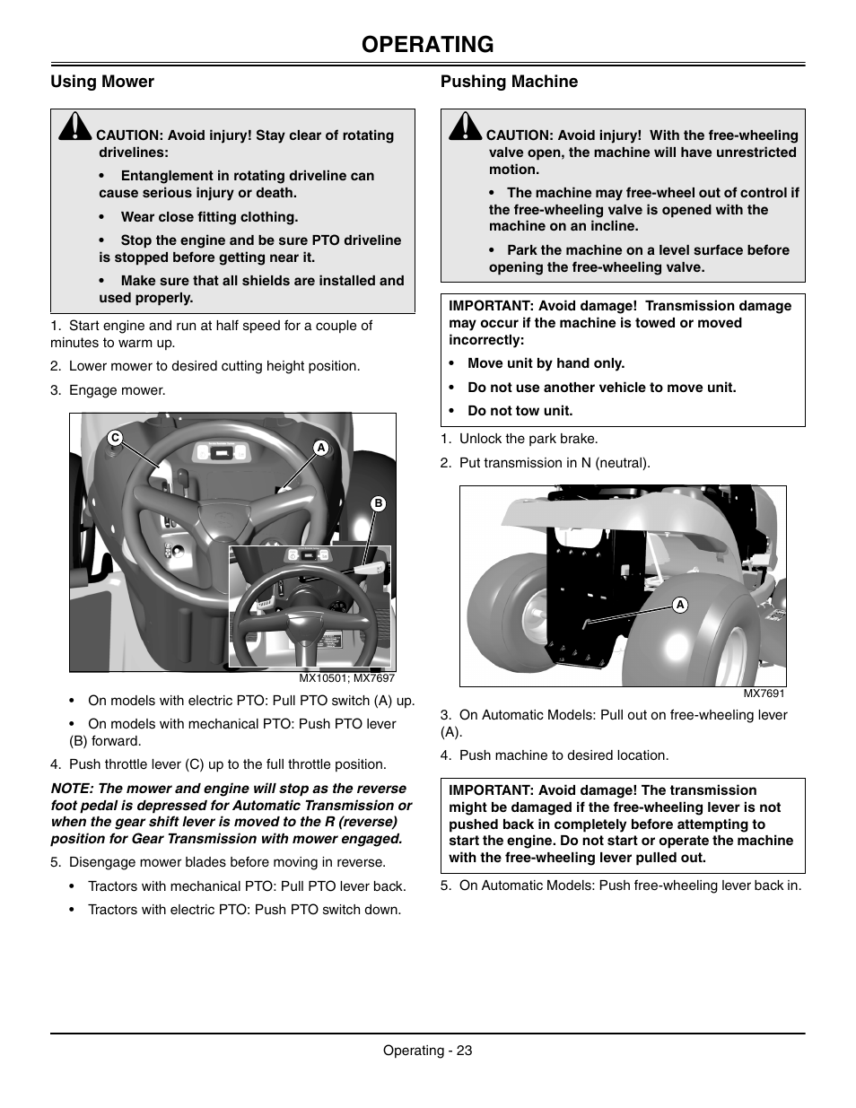 Using mower, Pushing machine, Operating | John Deere L2048 User Manual | Page 27 / 76