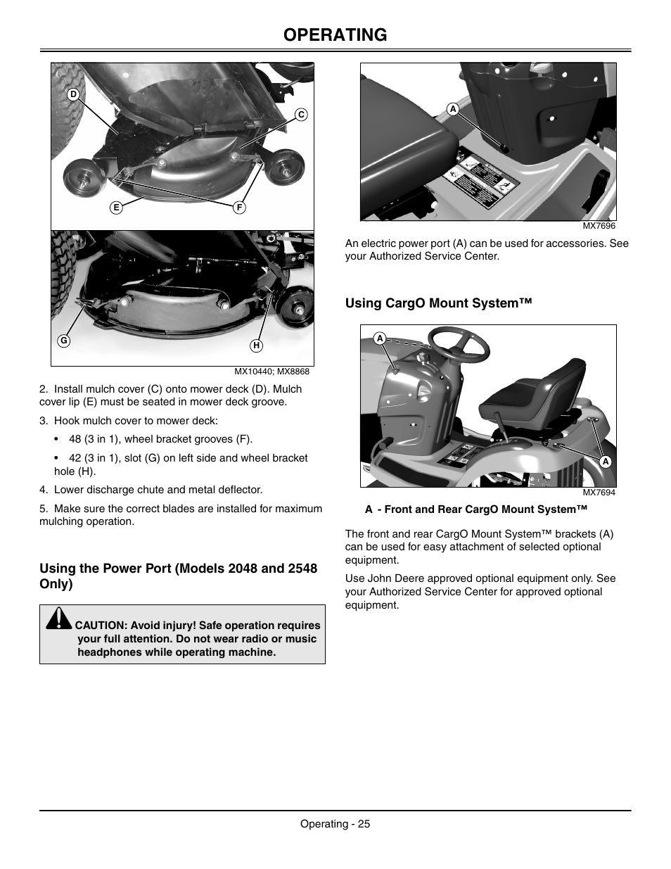 Using the power port (models 2048 and 2548 only), Using cargo mount system, Operating | John Deere L2048 User Manual | Page 29 / 76