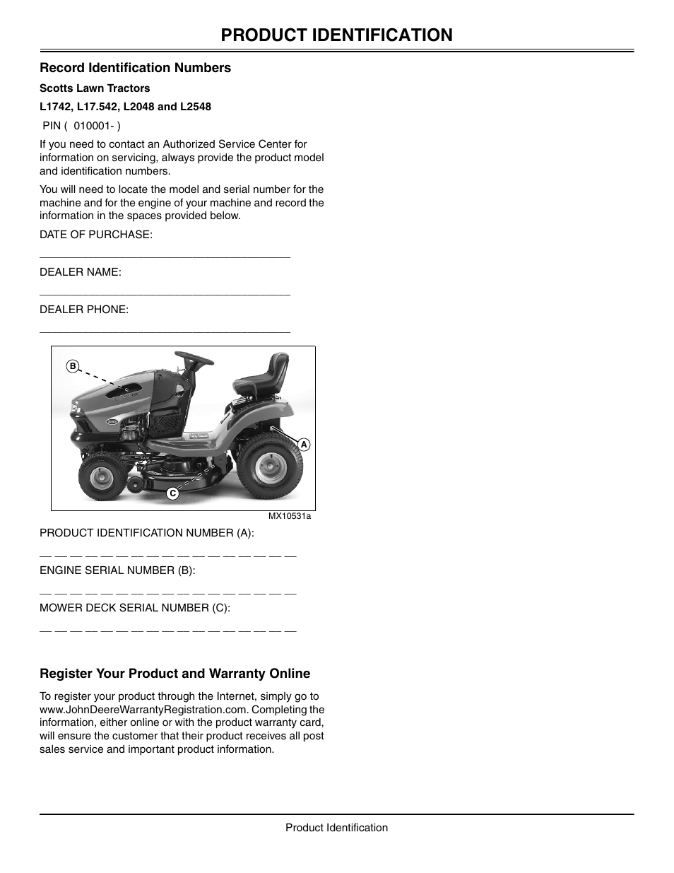 Product identification, Record identification numbers, Register your product and warranty online | John Deere L2048 User Manual | Page 3 / 76