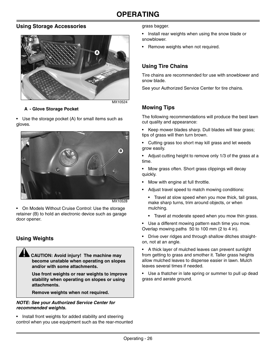 Using storage accessories, Using weights, Using tire chains | Mowing tips, Operating | John Deere L2048 User Manual | Page 30 / 76