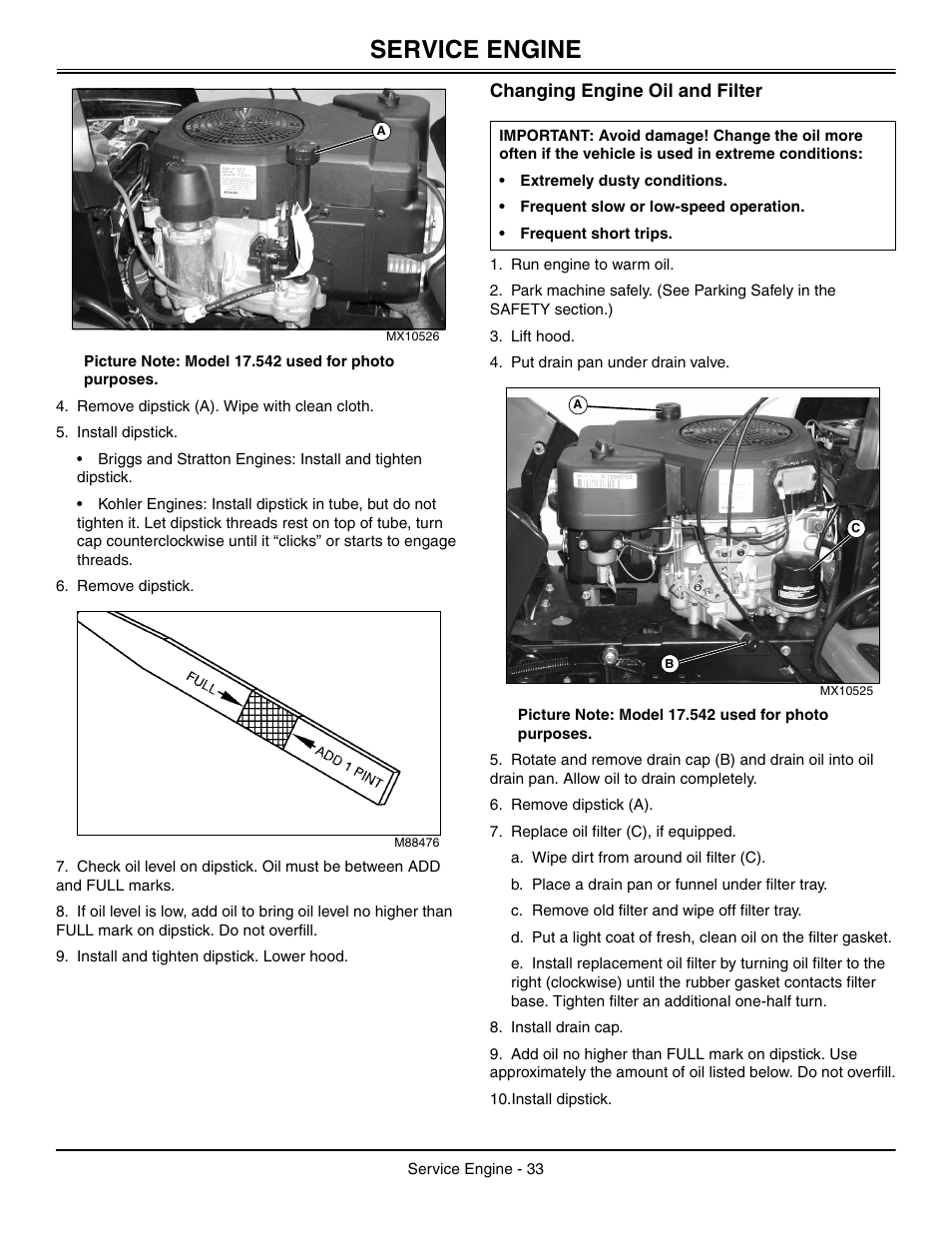 Changing engine oil and filter, Service engine | John Deere L2048 User Manual | Page 37 / 76