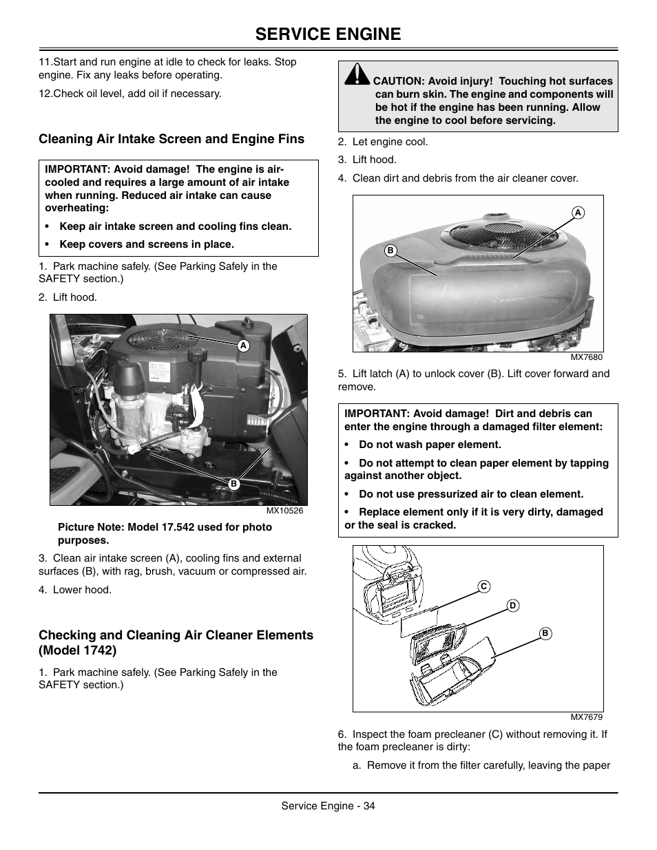 Cleaning air intake screen and engine fins, Service engine | John Deere L2048 User Manual | Page 38 / 76